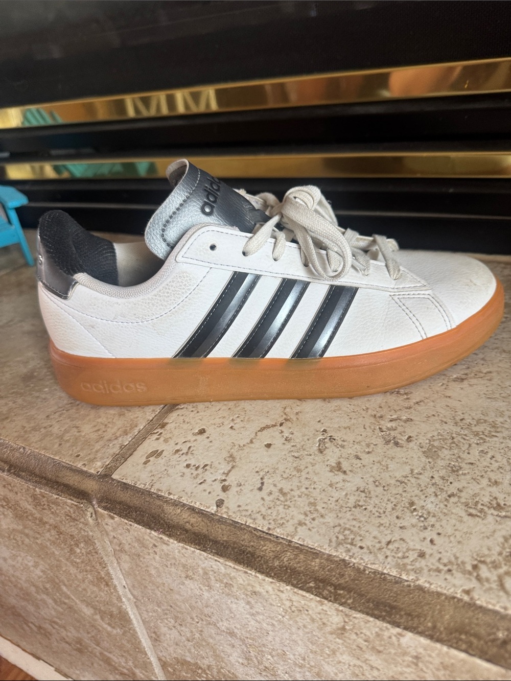 adidas White Sneakers with Black Stripes and Gum Sole